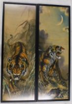 Oriental School. Tigers, watercolour - pair, inscribed, 120cm x 39cm.