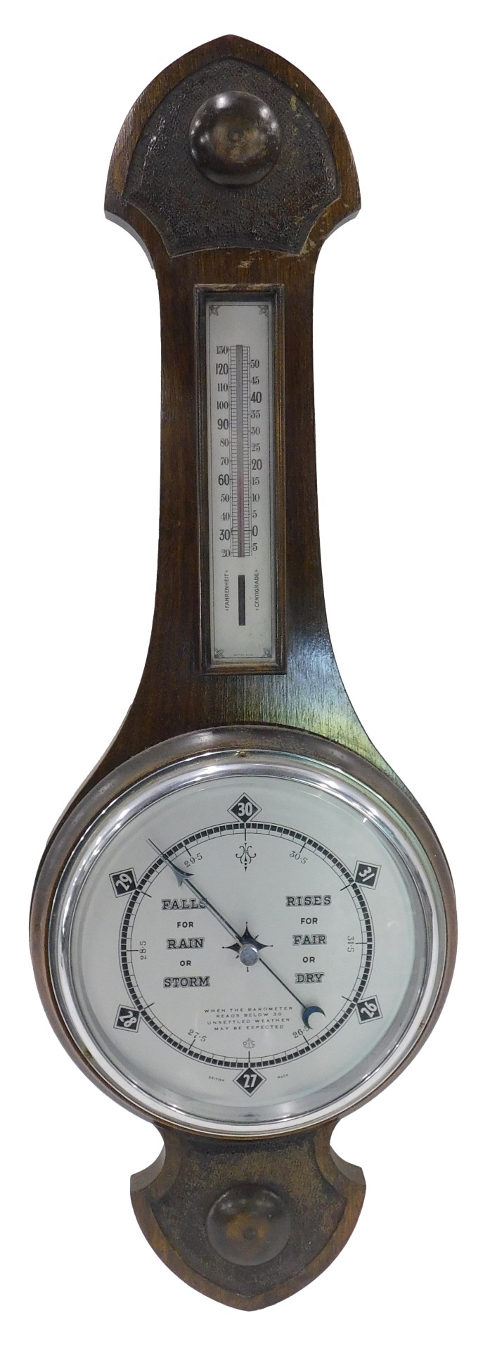 A 1920s/30s barometer, in mahogany case with silver coloured dial, and thermometer, 74cm high.