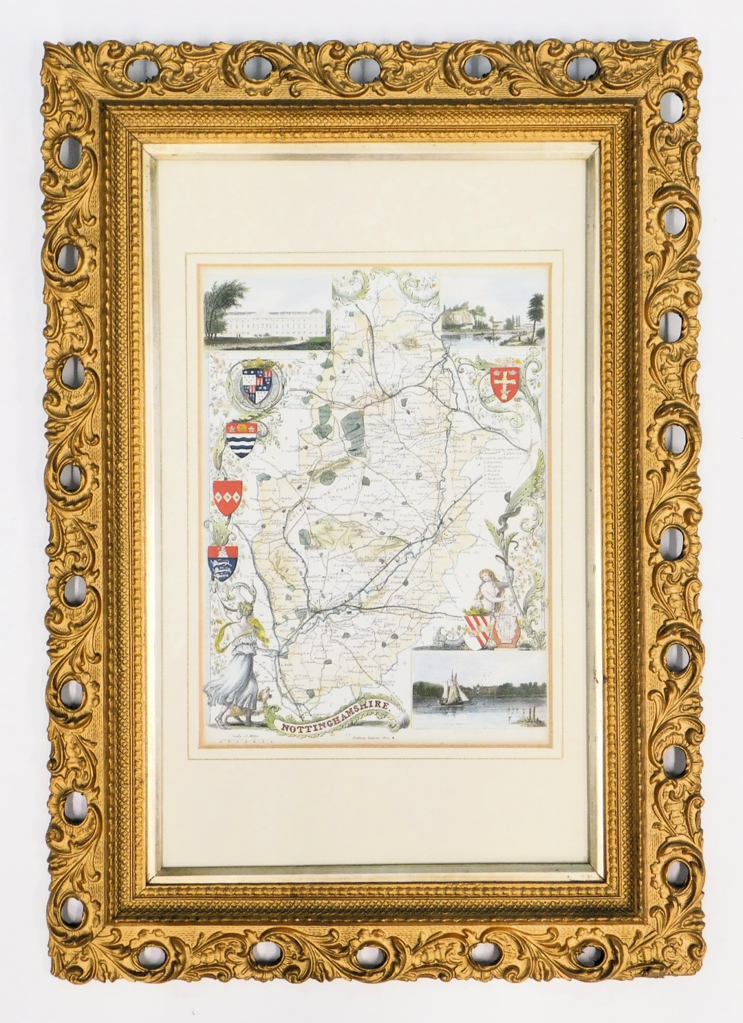 A reproduction framed map of Nottinghamshire, depicting Worksop Manor and Nottingham Castle, later c - Image 2 of 4