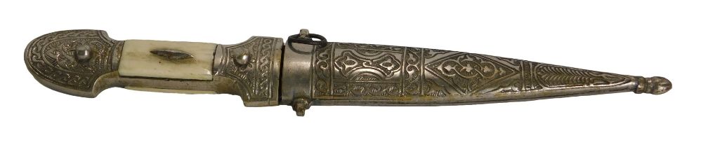 A Middle Eastern dagger, the hammered scroll case, set with two bone finials, inscribed Damascus 194