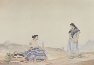 After Sir William Russell Flint, print of two ladies, in flowing dress and modern frame, printed sig