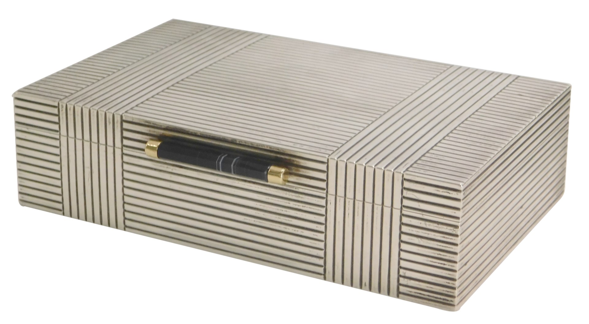 A George V silver presentation cigarette box, of striped outer design with a black onyx barrel handl