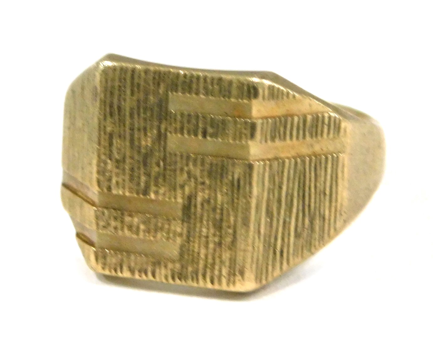 A 9ct gold signet ring, with bark effect and striped square panelled top, Birmingham 1970, ring size