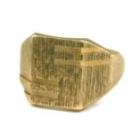 A 9ct gold signet ring, with bark effect and striped square panelled top, Birmingham 1970, ring size