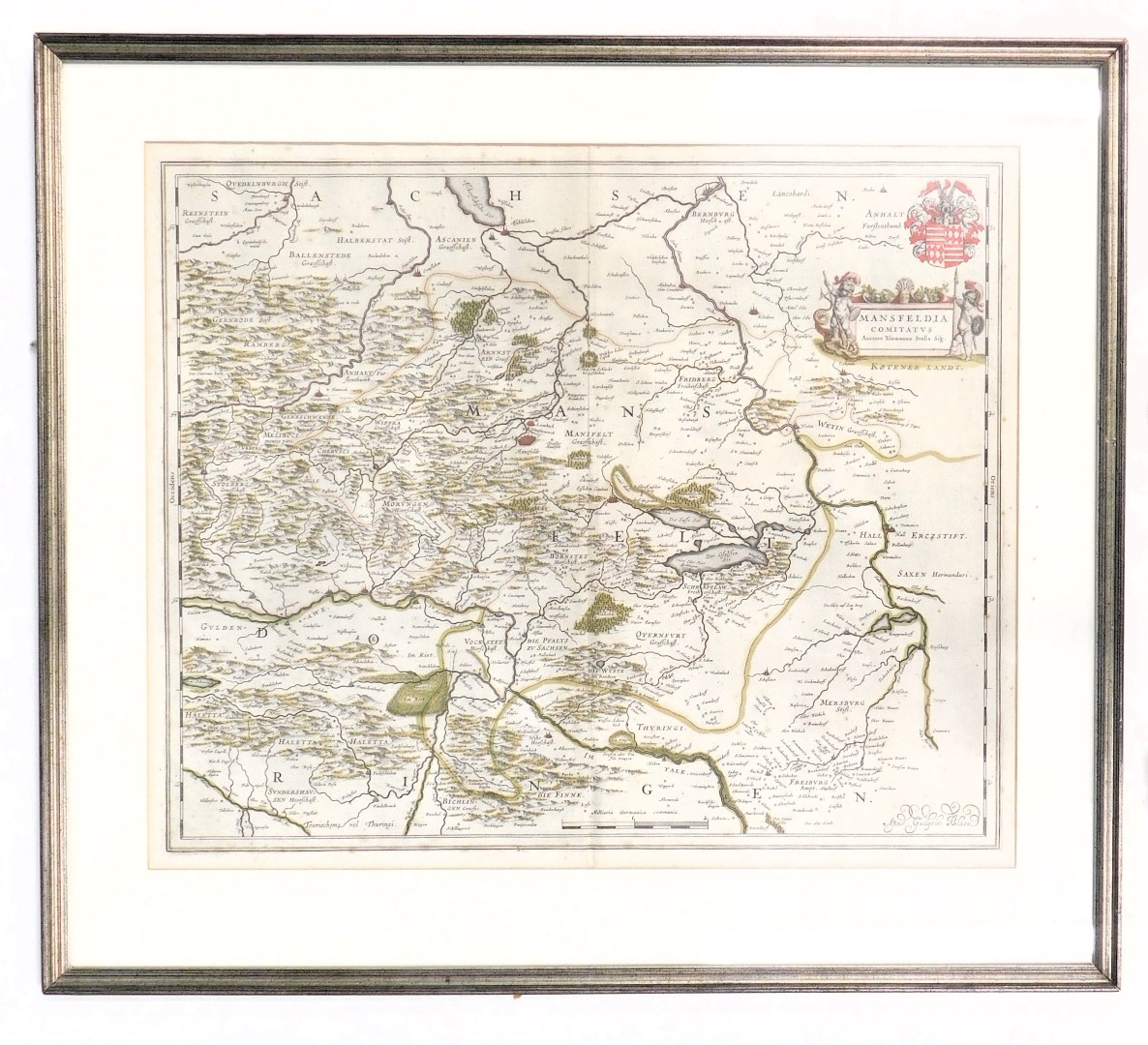 A 17thC Blaeu framed map, of Mansfelt, bearing crest, signed Anud Guihelm Blau, 43cm x 52cm, framed.