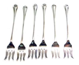 A matched set of six George V silver pickle forks, each with a patterned top, maker HA, Sheffield 19