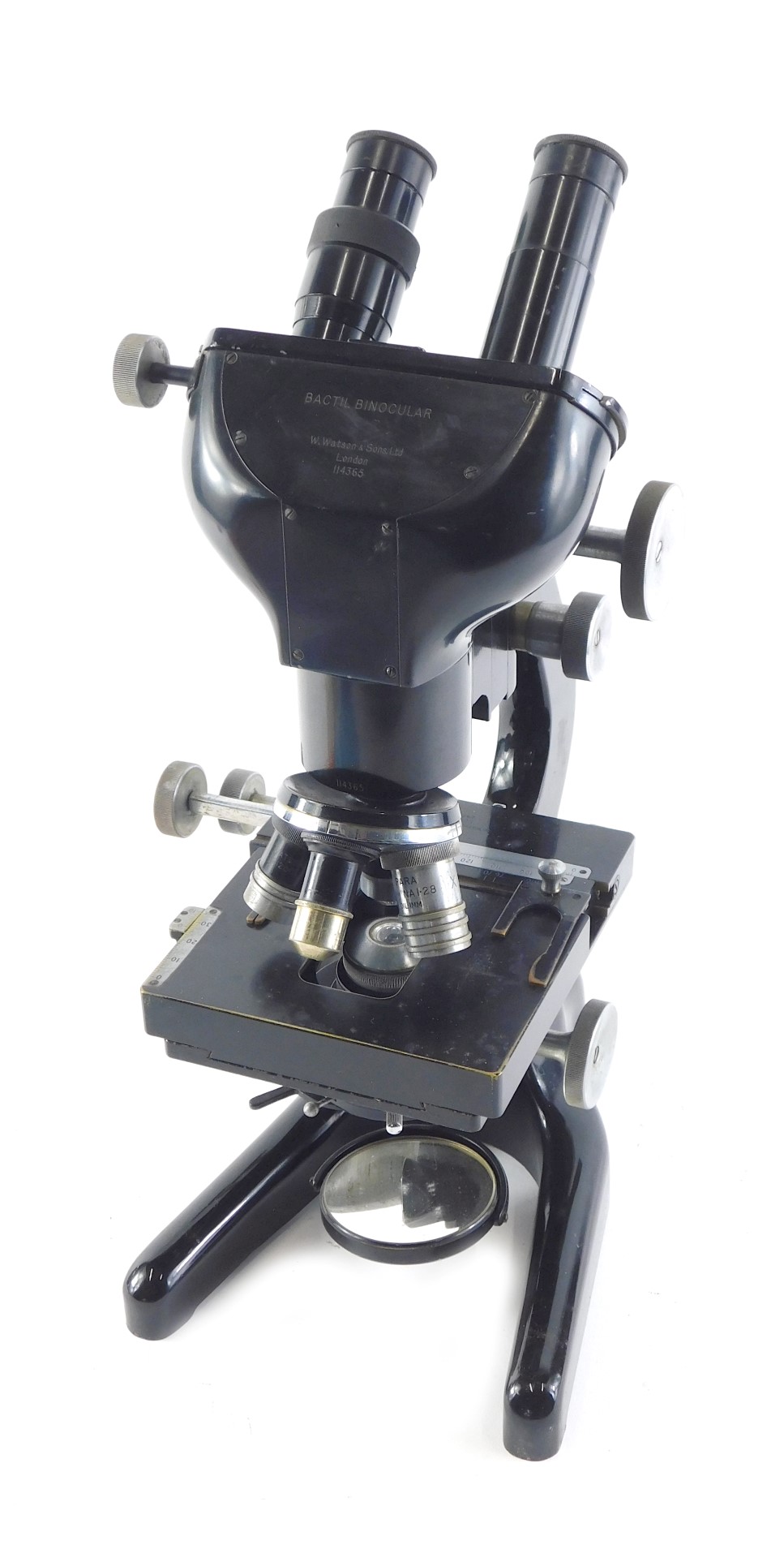 A Watson's binocular microscope, lacking some fittings, in mahogany case, the case 46cm high.