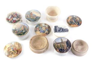 A collection of 19thC Prattware pot lids, to include The Man and The Lamb, Fishing, The Wolf and The