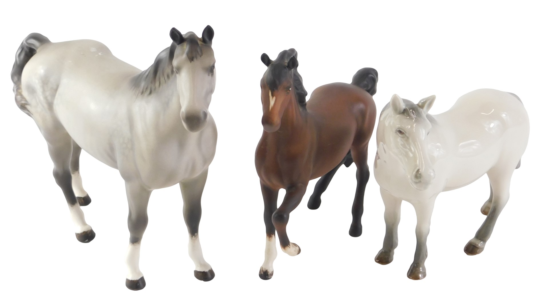 Three large ceramic horses, comprising a Branksome china grey horse, a large grey dapple Beswick hor