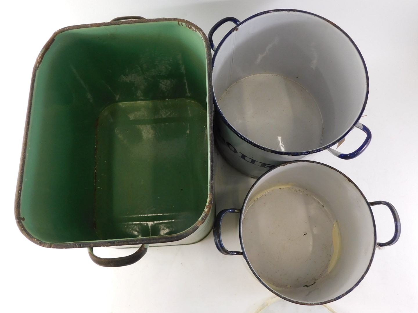 1920s enamel wares, comprising a green enamel flour bin, 29cm high, and two cylindrical flour bins i - Image 2 of 2