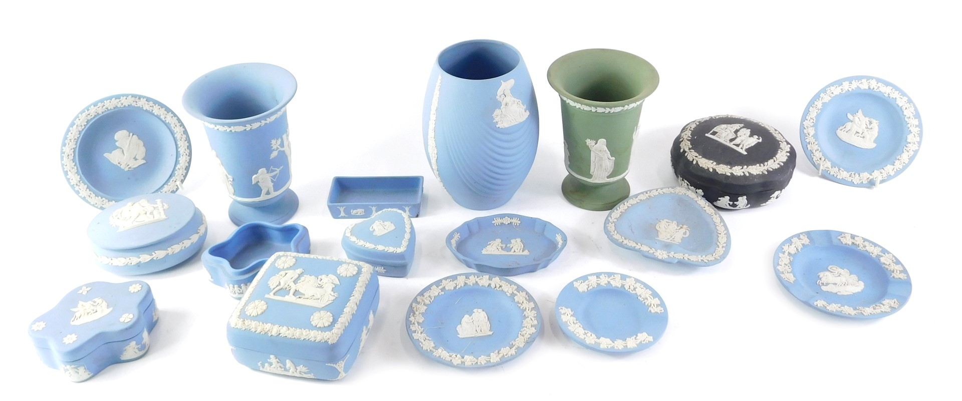 A collection of Wedgwood Jasperware, blue, black and green.