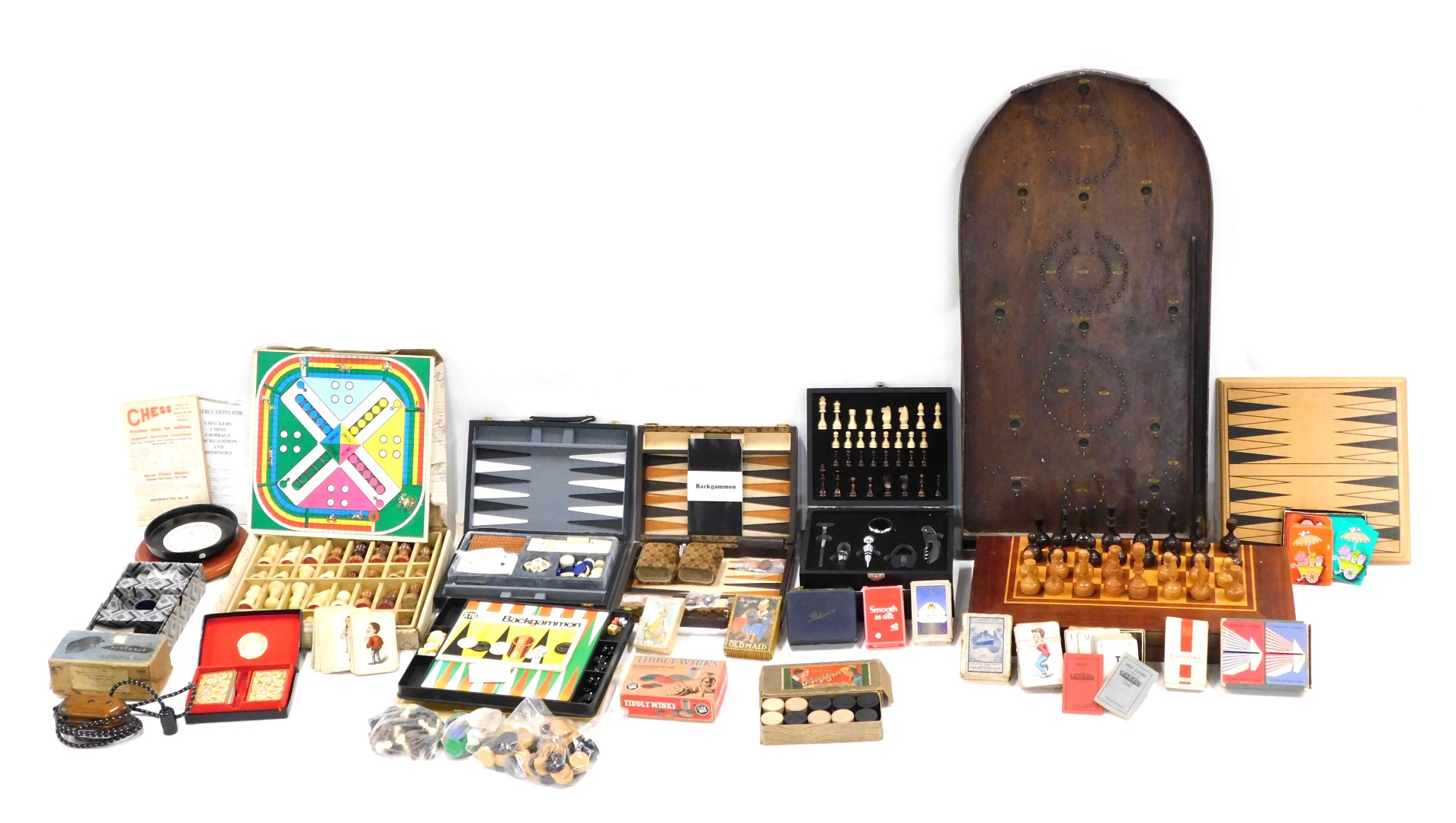 A collection of card and other games, bagatelle, roulette, draughts, Chichester stainless steel crue
