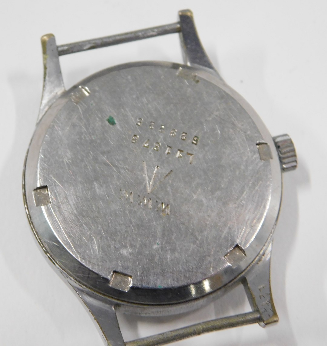 A Record WWII military wristwatch, signed black dial with broad arrow and stainless steel case, mark - Image 2 of 3