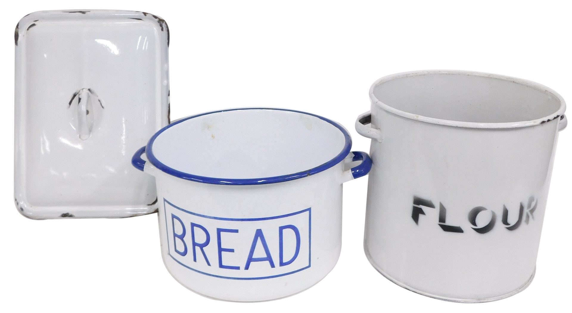 Two 20thC enamel bread bins, each of circular form, on a white ground with blue border, 30cm diamete