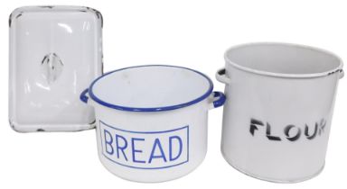 Two 20thC enamel bread bins, each of circular form, on a white ground with blue border, 30cm diamete