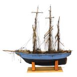 A large scratch built model of a three masted sailing ship, with blue and black painted hull, 110cm
