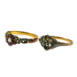 Two dress rings, comprising an Edwardian cluster ring, set with garnets and seed pearls, on a yellow