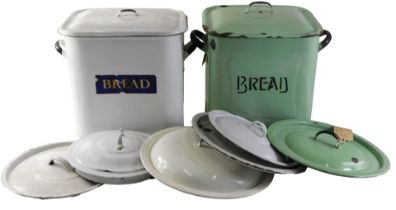 Two enamel bread bins, comprising a green enamel bread bin and lid, 29cm high, white enamel bread bi