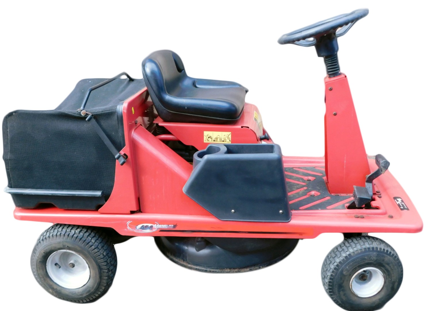 A Lawnflite 404 petrol ride on mower, in red.