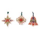 Three Royal Crown Derby Christmas decorations, comprising bauble, star, and bell, 7cm high, on ribbo