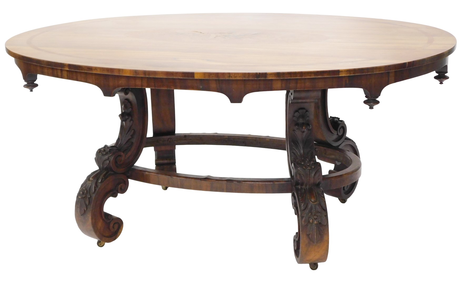 A 19thC rosewood and marquetry centre table, the oval top inlaid with a spray of flowers and leaves,