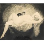Louis Icart (20thC School). Etching of nude female and cat, 15cm x 18cm, framed and glazed.