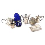 A quantity of silver plated wares, to include a preserve pot with hinged lid.