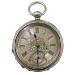 A 19thC silver plated pocket watch, with a silvered bicolour dial with Roman numerals and central ra
