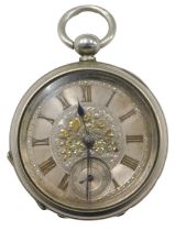 A 19thC silver plated pocket watch, with a silvered bicolour dial with Roman numerals and central ra