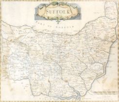 Robert Morden. A framed map of Suffolk, later coloured, 35.5cm x 42cm, framed.