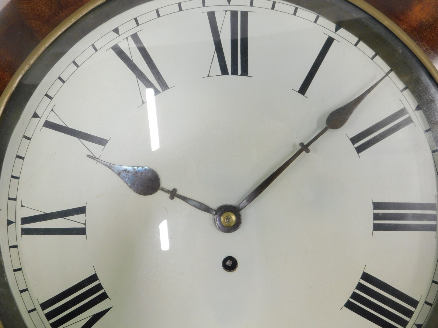 A 19thC American figured mahogany drop dial wall clock, the painted dial decorated with Roman numera - Image 2 of 3