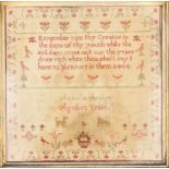 A Victorian needlework sampler, by Ann Sandbridge, dated 1847, 32.5cm x 32.5cm, in maple frame.