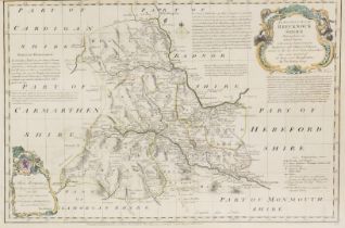 An 18thC county map of Brecknockshire, by Thomas Kitchin, with coloured emblems, 37cm x 55cm,