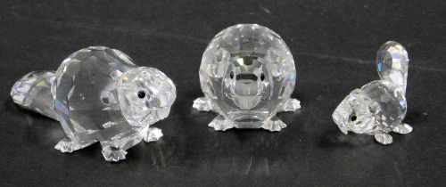Three Swarovski crystal beavers, comprising two large beavers, 2cm high, and one 1.5cm high, boxed.