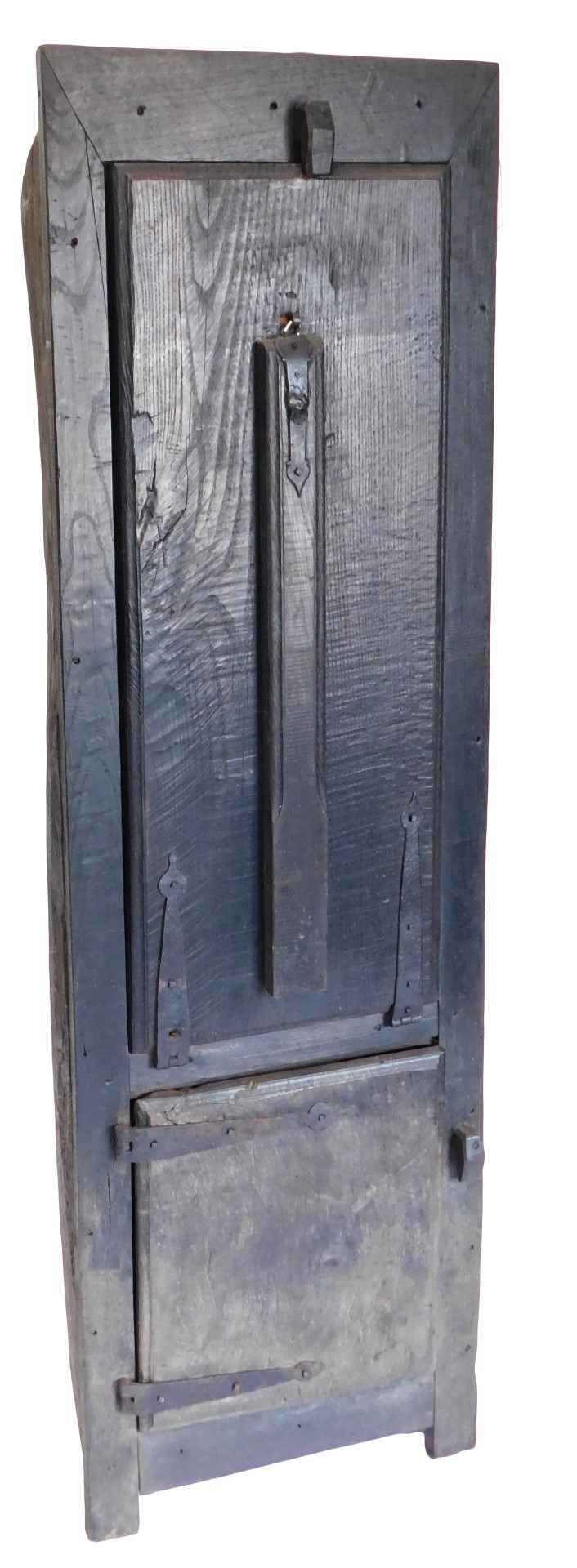 An unusual oak cupboard, the back formed from one piece of timber, the front with a long fall front
