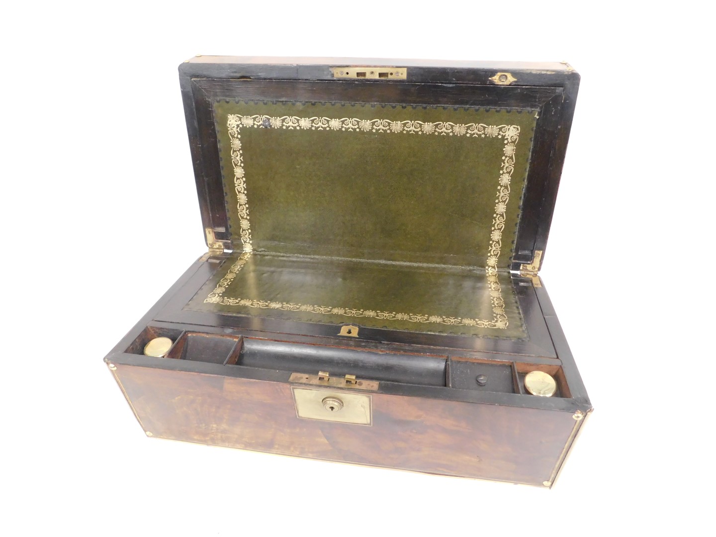 A 19thC walnut and brass bound writing slope, the hinged lid inset with a brass plaque inscribed Mr - Image 2 of 3
