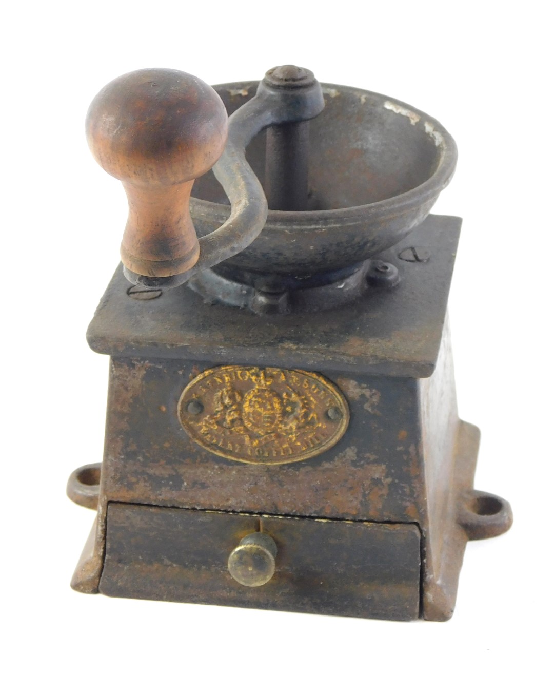 A Kendrick & Sons cast iron coffee mill or grinder, 14cm wide.