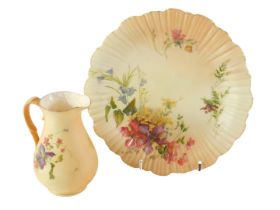 A Royal Worcester blush ivory cabinet plate, with fanned border and painted decoration of flowers, 2