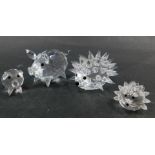 Four Swarovski crystal animal ornaments, comprising large hedgehog 3cm high, small hedgehog 2cm high