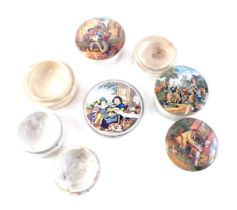A collection of Prattware pot lids and associated bases, to include The Village, Wedding, a pair, et