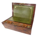A Victorian burr elm writing box, the hinged lid enclosing a later green leather insert, 41cm wide.