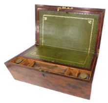 A Victorian burr elm writing box, the hinged lid enclosing a later green leather insert, 41cm wide.