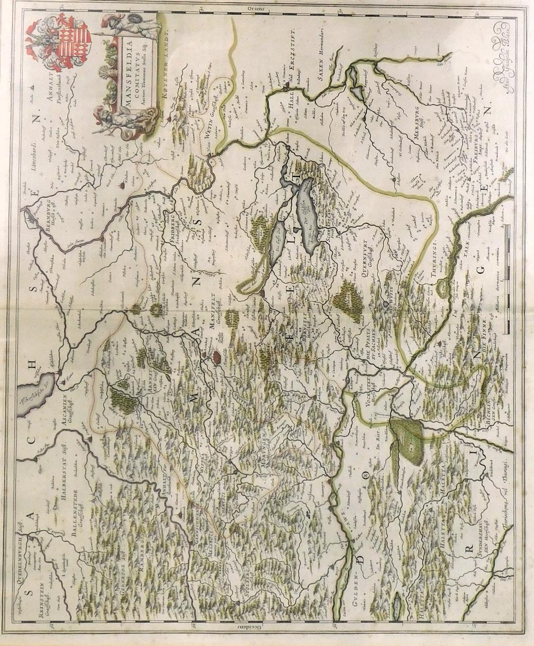 A 17thC Blaeu framed map, of Mansfelt, bearing crest, signed Anud Guihelm Blau, 43cm x 52cm, framed. - Image 2 of 4