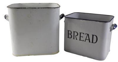 Two enamel bread bins, each rectangular, 27cm and 29cm wide, lacking lids.