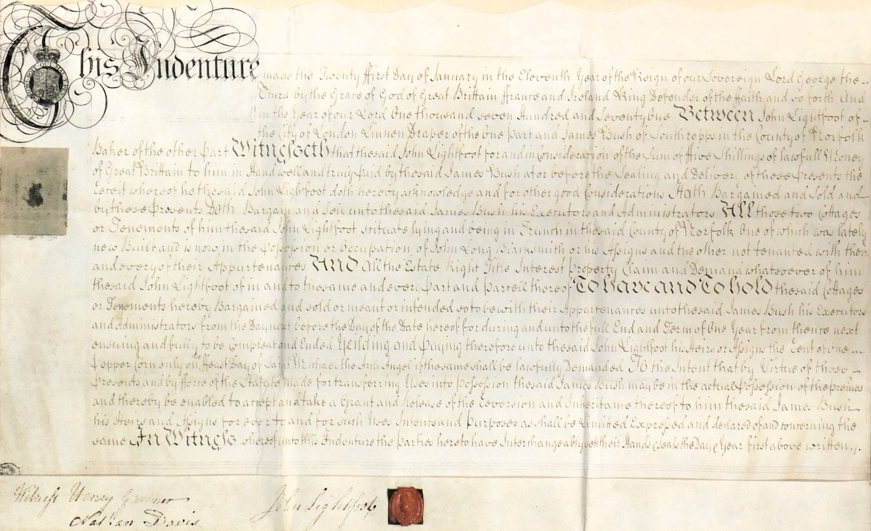 An early 18thC indenture, between a Henry Aghonby of Cumberland and a Thomas Lowry, dated 1726 and s - Image 5 of 7