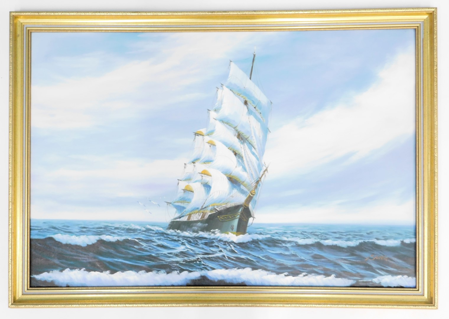 J Song (20thC School). Ship in rough seas, oil on canvas, signed, 61cm x 92cm, in gilt frame. - Bild 2 aus 4