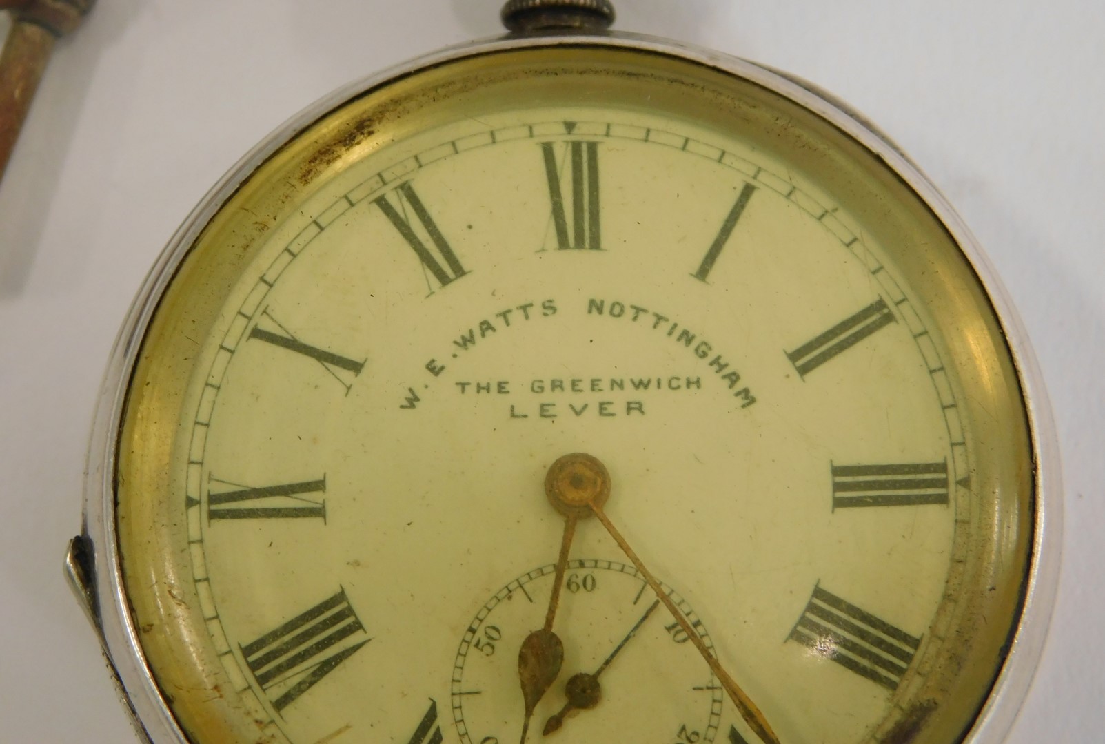 A WE Watts of Nottingham open face pocket watch, in silver case with engine engraved decoration and - Image 2 of 3