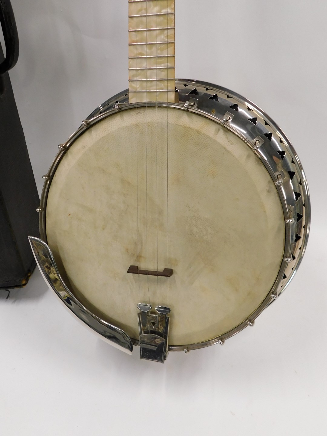 A B&S Master of London Ivory Queen banjo, with a simulated mother of pearl finger board, sides and b - Image 4 of 6