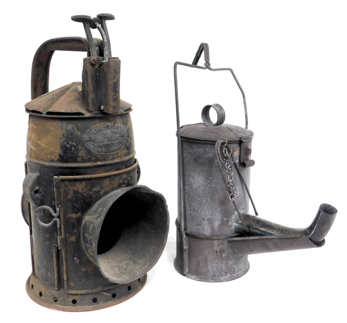 A railway hand lamp, GWR pattern, 33cm high, and a road worker's oil lamp, circa 1915, 32cm high. (2