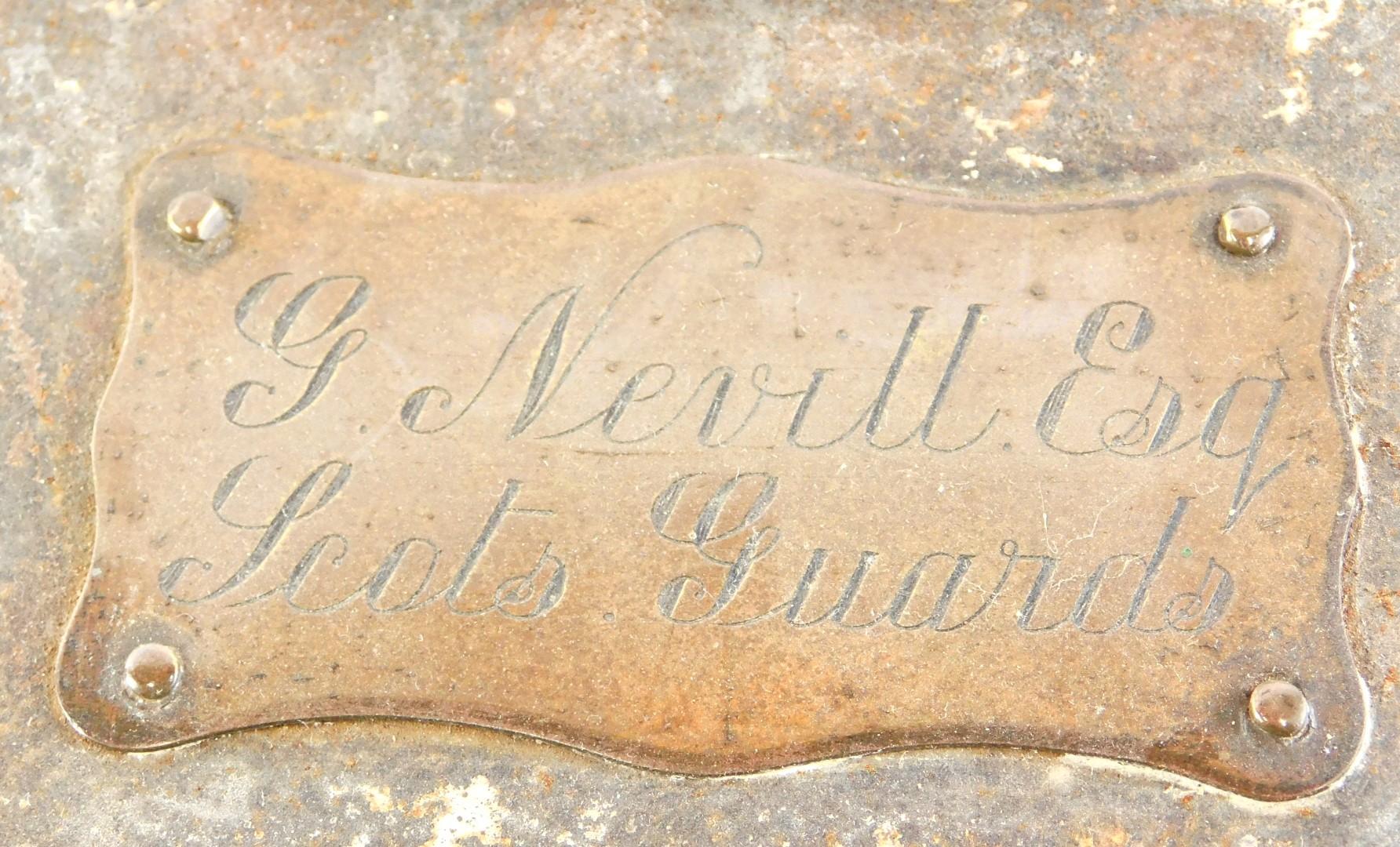 A 19thC military hat box, brass plate inscribed G. Nevill Esq, Scots Guards. - Image 3 of 3